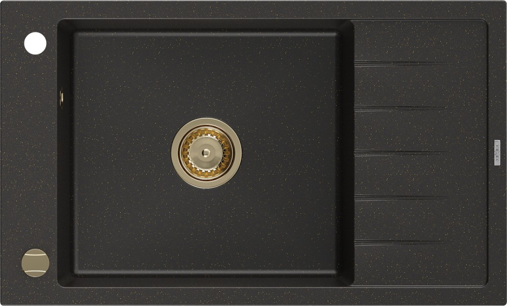 MEXEN/S Elias granitový dřez 1 s odkapávačem 795 x 480 mm, černá/zlatý metalik, + zlatý sifon 6511791005-75-G