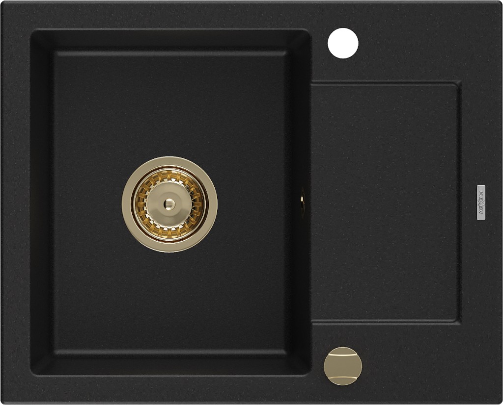 MEXEN/S Enzo granitový dřez 1-miska s odkapávačem 576 x 465 mm, černý, zlatý sifon 6506571005-77-G