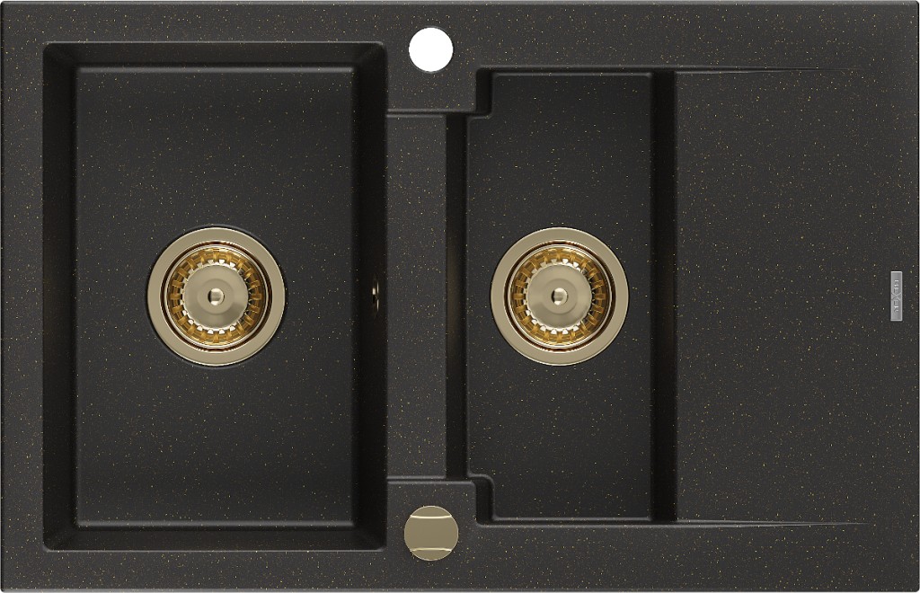 MEXEN/S Gaspar granitový dřez 1.5 s odkapávačem 737 x 475 mm, černý/zlatý metalik, zlatý sifon 6507731505-75-G