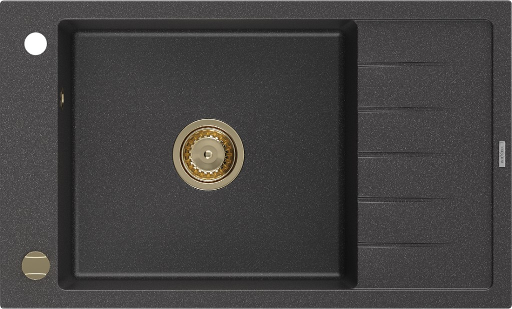 MEXEN/S Elias granitový dřez 1-miska s odkapávačem 795 x 480 mm, černý kropenatý, zlatý sifon 6511791005-76-G