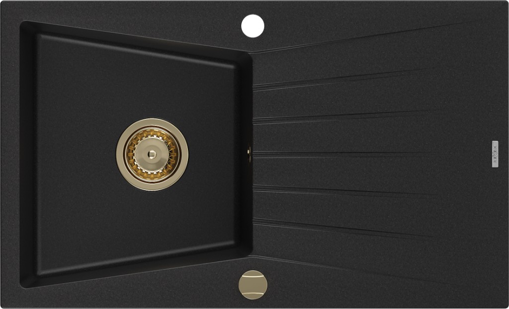 MEXEN/S Cesar granitový dřez 1-miska s odkapávačem 775 x 470 mm, černý, zlatý sifon 6514771010-77-G