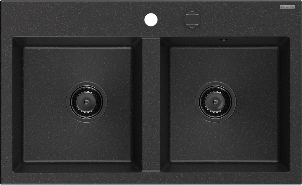 MEXEN/S Hektor granitový dřez 2-bowl 800 x 480 mm, černá/stříbrná metalik, černý sifon 6521802000-73-B