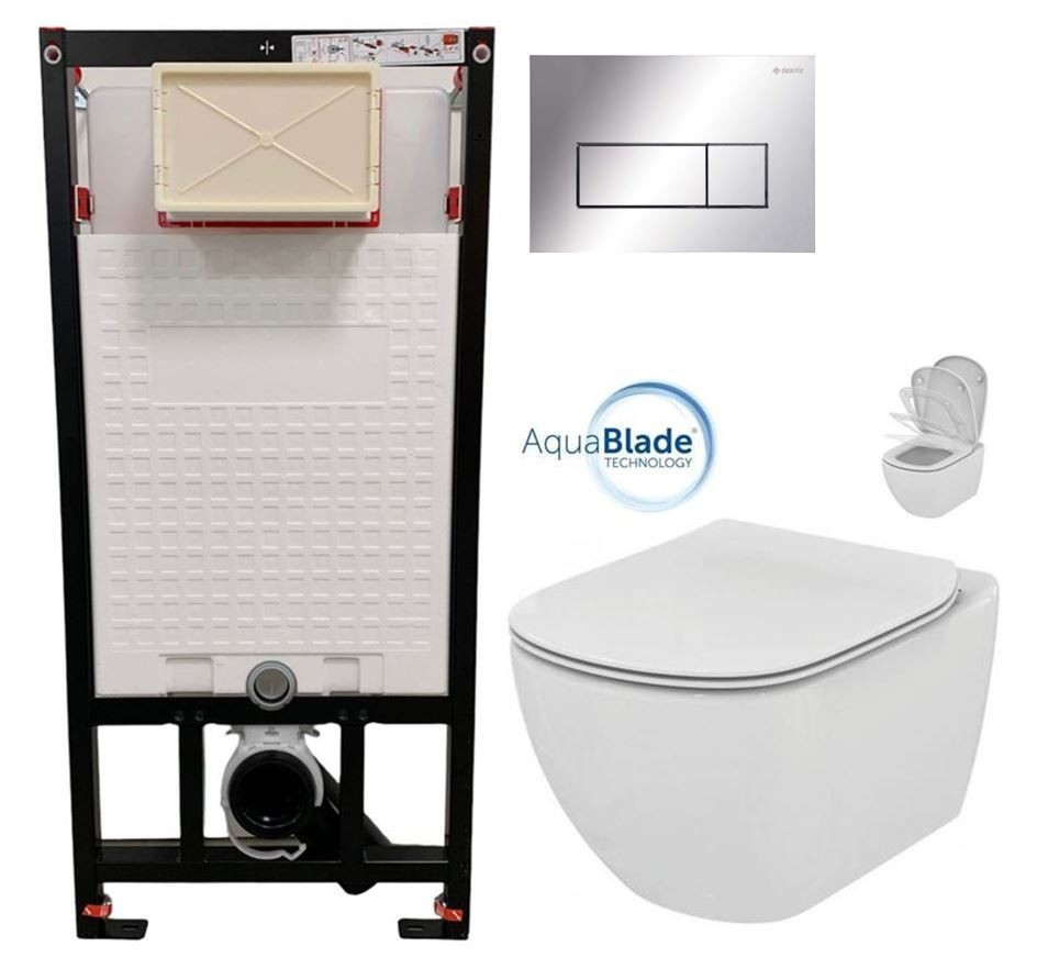 DEANTE Podomítkový rám, pro závěsné WC mísy + SLIM tlačítko chrom + WC Ideal Standard Tesi se sedátkem SoftClose, AquaBlade  CST_WC01 051P TE1