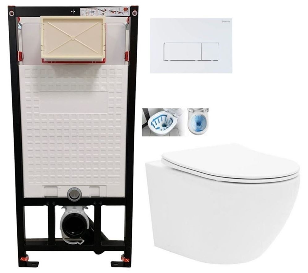 DEANTE Podomítkový rám, pro závěsné WC mísy + SLIM tlačítko bílé + WC CALANI Loyd + SEDÁTKO CST_WC01 A51P LO1