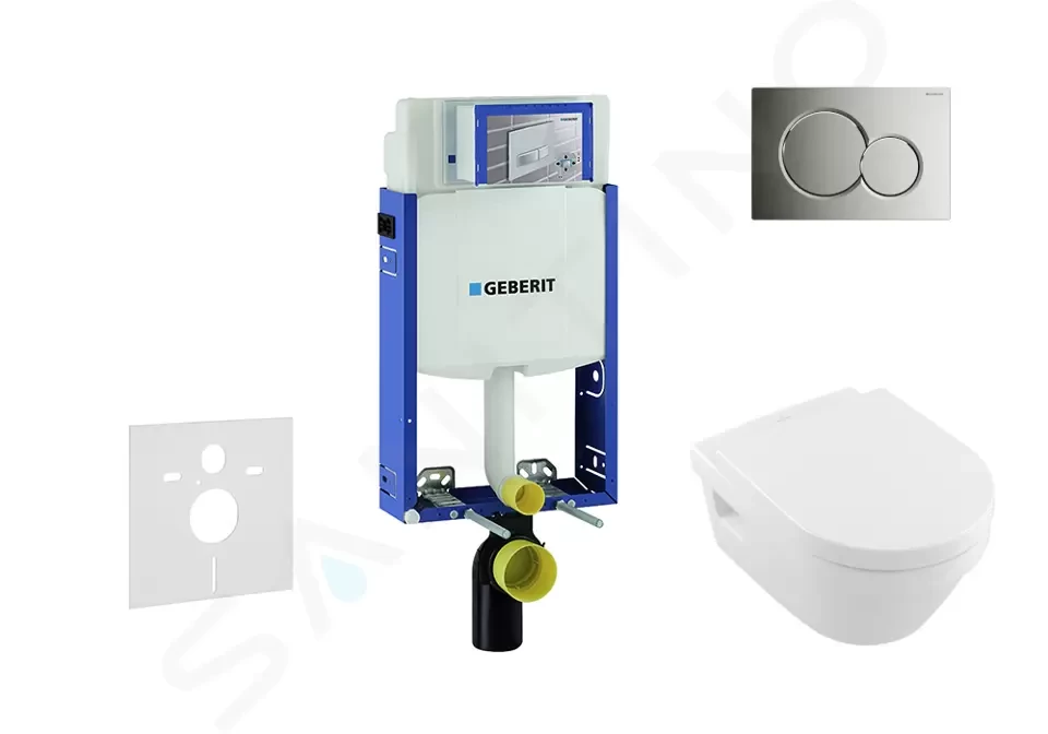 GEBERIT Kombifix Modul pro závěsné WC s tlačítkem Sigma01, lesklý chrom + Villeroy Boch WC a sedátko, DirectFlush, SoftClose, CeramicPlus 110.302.00.5 NB2