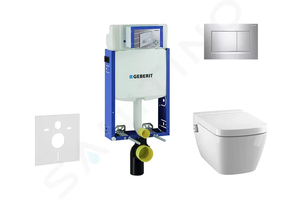 GEBERIT Kombifix Modul pro závěsné WC s tlačítkem Sigma30, lesklý chrom/chrom mat + Tece One sprchovací toaleta a sedátko, Rimless, SoftClose 110.302.00.5 NT6