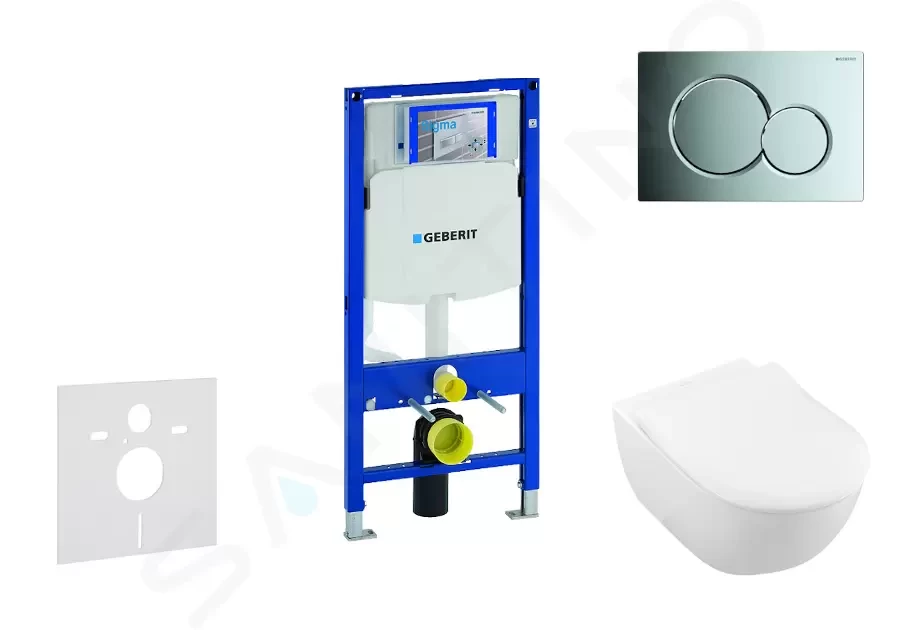 GEBERIT Duofix Modul pro závěsné WC s tlačítkem Sigma01, lesklý chrom + Villeroy Boch WC a sedátko, DirectFlush, SoftClose, CeramicPlus 111.300.00.5 NI2