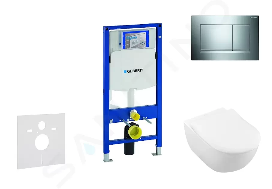 GEBERIT Duofix Modul pro závěsné WC s tlačítkem Sigma30, lesklý chrom/chrom mat + Villeroy Boch WC a sedátko, DirectFlush, SoftClose, CeramicPlus 111.300.00.5 NI6