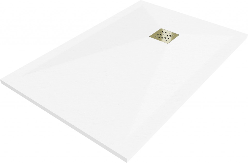 MEXEN/S Stone+ čtvercová sprchová vanička 140 x 100, bílá, mřížka zlatá 44101014-G
