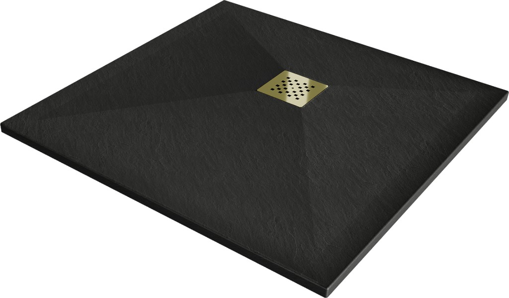 MEXEN/S Stone+ čtvercová sprchová vanička 80 x 80, černá, mřížka zlatá 44708080-G