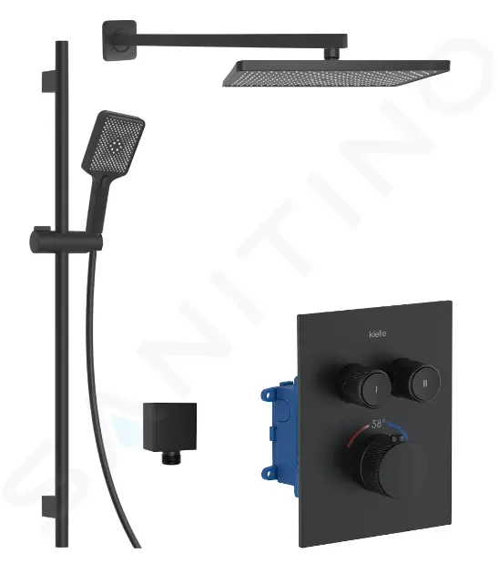 Kielle Arkas I Sprchový set s termostatickou baterií pod omítku, pro 2 spotřebiče, s příslušenstvím a tělesem, matná černá 20611SPT14