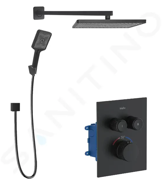 Kielle Arkas I Sprchový set s termostatickou baterií pod omítku, pro 2 spotřebiče, s příslušenstvím a tělesem, matná černá 20611SPT24