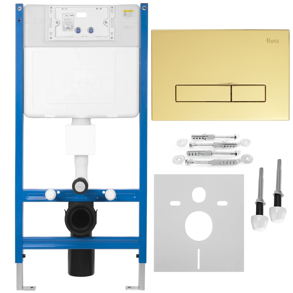 REA/S Podomítkový WC systém K011A-Q + tlačítka I Brush Gold KPL-E9560