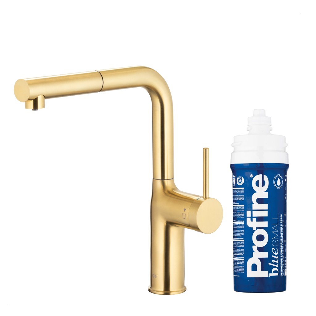 KFA Duero pure move pull-out, filtrující s otočnou výtokovou armaturou, broušené světlé zlato + profine blue s 6623-423-39