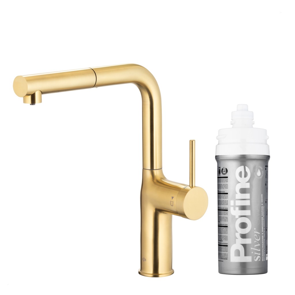 KFA Duero pure move pull-out, filtrující s otočnou výtokovou armaturou, broušené světlé zlato + profine silver 6623-424-39