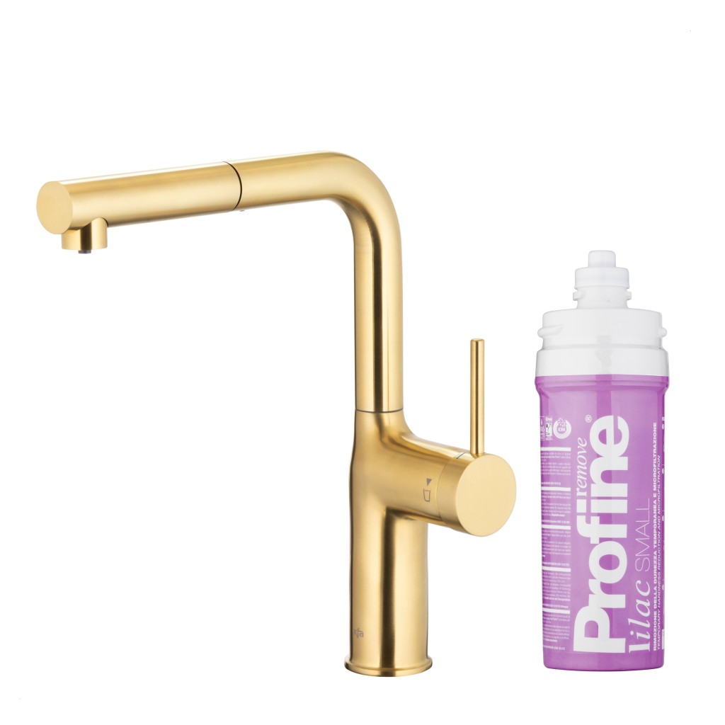 KFA Duero pure move pull-out, filtrující s otočnou výtokovou armaturou, broušené světlé zlato + profine lilac s 6623-425-39
