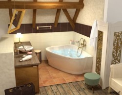 Podkrovní koupelna s rohovou vanou, dřevěnými trámy, dřevěným umyvadlovým stolkem a terakotovou dlažbou