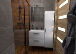 Malá koupelna s černě rámovaným sprchovým koutem, šedými velkoformátovými obklady, dlažba a obklady ve sprše v dřevodekoru a bílou umyvadlovou skříňkou s vysokou úložnou skříní