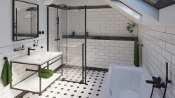 Podkrovní koupelna s bílými obklady, sprchovou zástěnou v černém rámu, vanou a výraznou geometrickou dlažbou v industriálním stylu