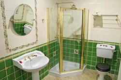 Koupelna ve vintage stylu se zelenými a bílými obklady, rohovým sprchovým koutem se zlatými profily, umyvadlem na sloupu a retro WC