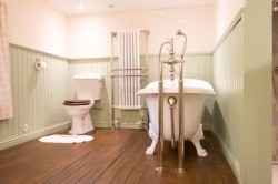 Elegantní retro koupelna s vanou na nožkách, vysokou stojánkovou baterií, dřevěnou podlahou a světlým obkladem