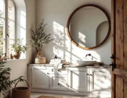 Světlá koupelna ve stylu Provence s rustikální skříňkou, kulatým dřevěným zrcadlem a umyvadlem na desce