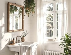 Jemná provence koupelna s bílým závěsným umyvadlem, dřevěným rámem zrcadla, lehkými závěsy a rostlinami okna