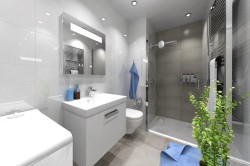 Klasická bílá koupelna se sprchovým koutem, závěsnou umyvadlovou skříňkou, osvětleným zrcadlem a šedým obkladem ve sprše