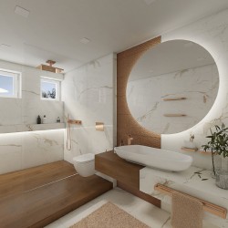 Světlá koupelna s velkoformátovým mramorem a oversized kulatým zrcadlem; sprchový kout s měděnými detaily