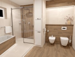 Koupelna s vanou a sprchou, dřevodekorem na stěnách i na podlaze a závěsným WC s bidetem