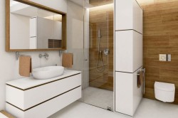 Elegantní koupelna s walk-in sprchou, bílou závěsnou skříňkou, miskovým umyvadlem a velkým zrcadlem v dřevěném rámu; dřevodekorová stěna u WC a ve sprchovovém koutu