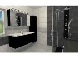 Černošedá koupelna se sprchovým koutem, širokým umyvadlem na černé skříňce a velkou závěsnou skříňkou se zrcadlem