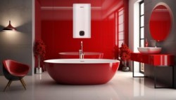 Designová koupelna s červenou oválnou volně stojící vanou, červeným umyvadlovým pultem a kulatým zrcadlem