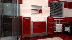 Červenobílá koupelna s rohovým sprchovým koutem, červenými skříňkami s úchyty, zapuštěným umyvadlem a žebříkovým radiátorem