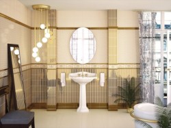 Retro laděná koupelna se zlatými pásky na stěnách, umyvadlem na sloupu, kulatým zrcadlem a závěsným světlem