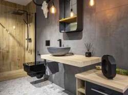 Detail moderní koupelny: kamenné umyvadlo na světlé dřevěné desce, šedé stěny, závěsné černé WC a sprcha s obkladem v dekoru dřeva