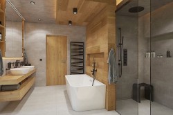 Koupelna se světlou dlažbou, obklady v dekoru dřeva, walk-in sprchovým koutem a dvěma umyvadly na dřevěné skříňce; výrazný žebříkový radiátor