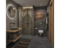 Koupelna s kamennými obklady, walk-in sprchou, kulatým LED zrcadlem a závěsným WC; umyvadlo na dřevěné desce