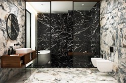 Výrazná koupelna s kontrastem světlého a tmavého mramoru, skleněným walk-in sprchovým koutem, dřevěnou skříňkou a závěsným WC a bidetem