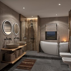 Koupelna ve venkovském stylu se dvěma kamennými umyvadly na dřevěné polici, kulatými LED zrcadly a volně stojící vanou na podestě s walk-in sprchou