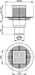 Alcadrain Podlahová vpust 105×105/50/75 mm přímá, mřížka nerez, kombinovaná zápachová uzávěra SMART APV2321 (APV2321)