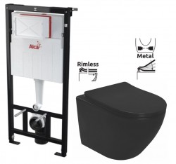 ALCADRAIN Sádromodul - předstěnový instalační systém bez tlačítka + WC REA CARLO MINI RIMLESS ČIERNY MAT + SEDADLO (AM101/1120 X MM1)