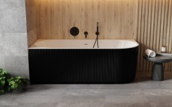 BESCO - Volně stojící vana DENAYA černá/bílá, sifon se štěrbinovým přepadem - Barva - Černá / bílá, Barva sifonu - Zlatá, Rozměr vany - 150 × 75 Způsob provedení - Levé (VANDENA150BWLZ)