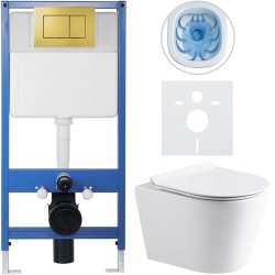 CERANO - Kompletní podomítkový WC set Lite/Carlito - bílá lesklá - WC tlačítko Classic, zlatá - předstěnová instalace/sádrokarton - 48,5x36,5  (CER-251363)