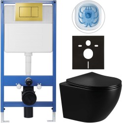 CERANO - Kompletní podomítkový WC set Lite/Cesso - černá lesklá - WC tlačítko Classic, zlatá - předstěnová instalace/sádrokarton - 49x36  (CER-237391)