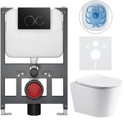 CERANO - Kompletní WC set Basic/Carlito - bílá lesklá - WC tlačítko Dualo/Černá - závěsné - nízký modul - předstěnová instalace - 48,5x36,5  (CER-8050BD86024)