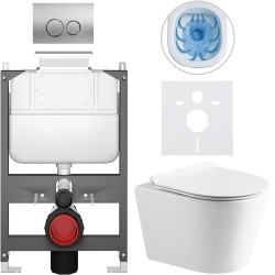 CERANO - Kompletní WC set Basic/Carlito - bílá lesklá - WC tlačítko Dualo/Stříbrná - ovládání shora - předstěnová instalace - 48,5x36,5  (CER-8050BD86025)