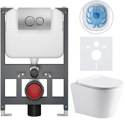 CERANO - Kompletní WC set Basic/Carlito - bílá lesklá - WC tlačítko Dualo/Stříbrná - závěsné - nízký modul - předstěnová instalace - 48,5x36,5  (CER-8050BD86029)