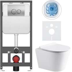 CERANO - Kompletní WC set Basic/Carlito - bílá lesklá - WC tlačítko Dualo/Stříbrná - závěsné - předstěnová instalace - 48,5x36,5  (CER-8050BD86028)