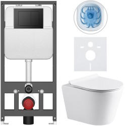 CERANO - Kompletní WC set Basic/Carlito - bílá lesklá - WC tlačítko Maxio/Černá - závěsné - předstěnová instalace - 48,5x36,5  (CER-8050BD86038)
